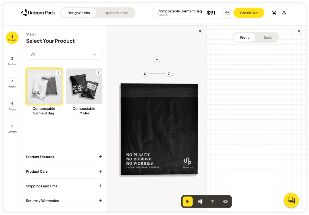 3D design studio interface showing packaging customization